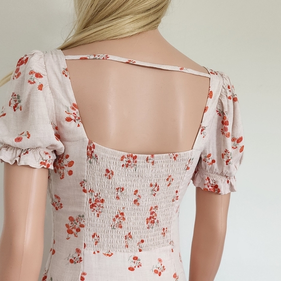 BARDOT FLORAL BEIGE SMOCKED COTTON CAP SLEEVES MINI SHORT SEXY DRESS 6 SMALL - Picture 12 of 14